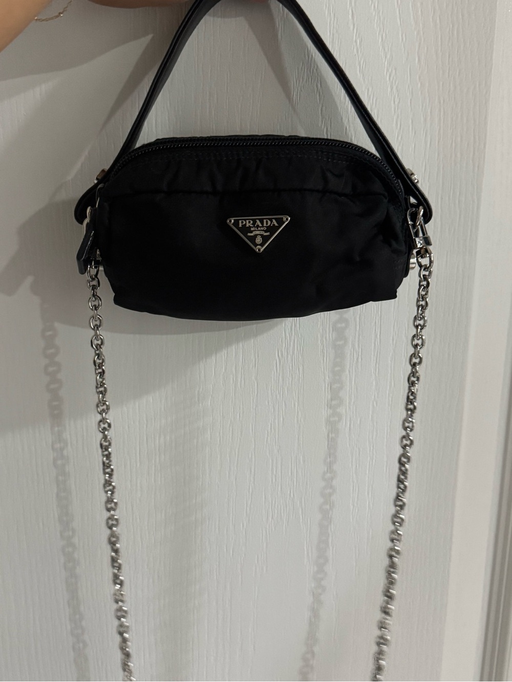 Prada Black Nylon Mini Shoulder Bag with Silver Chain Strap